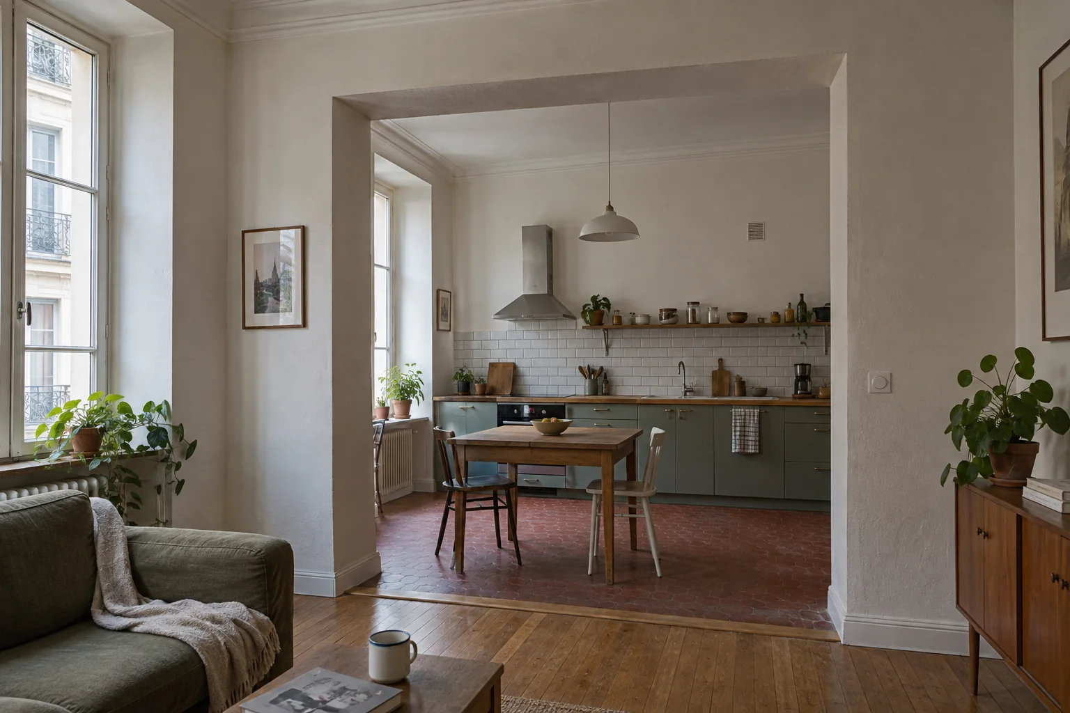 Appartement ancien lyonnais avec une large ouverture entre séjour et cuisine (illustration générée par IA)