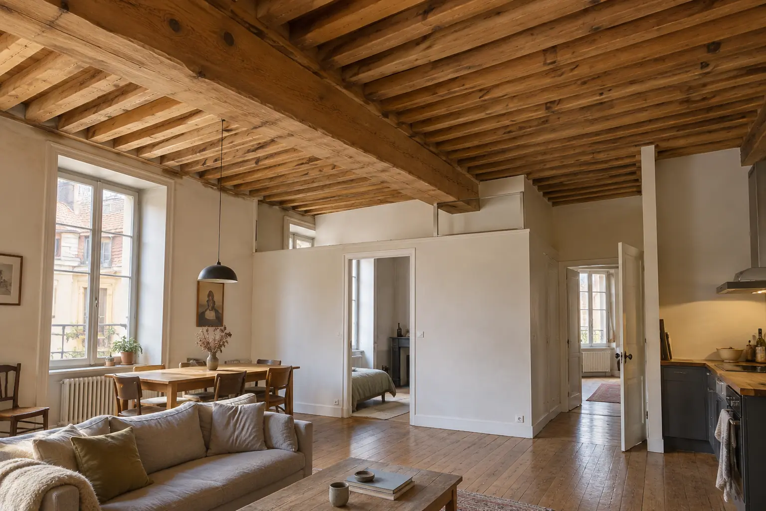 Appartement de canut à plafond à la française, pièces séparées par des cloisons