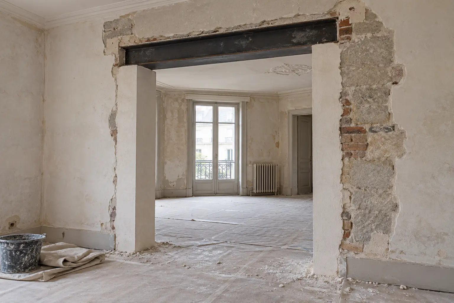 Pendant les travaux : ouverture en cours dans un mur de pierre, poutre acier posée