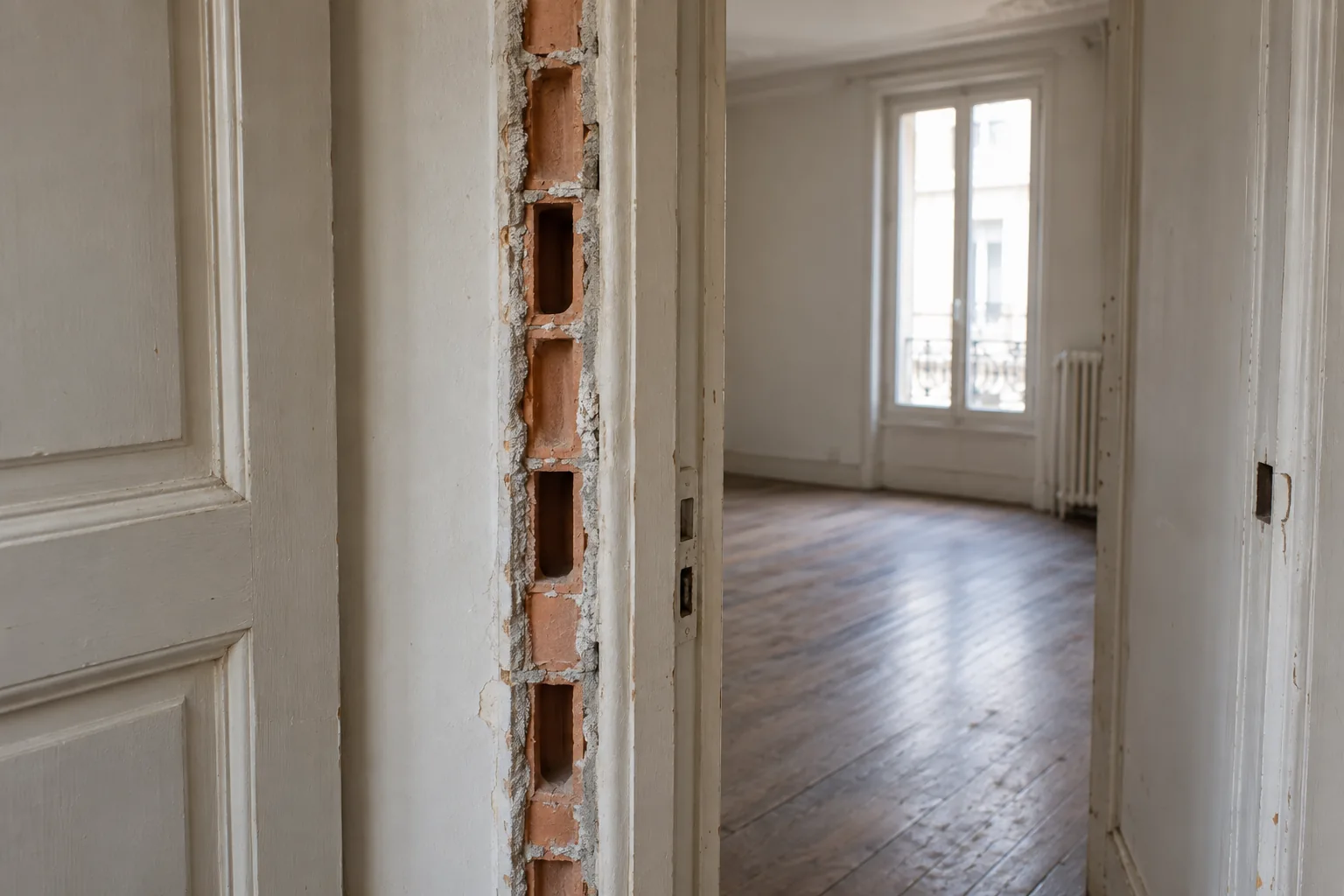 Tranche d'une cloison en briques creuses entre deux portes anciennes, avec une pièce à parquet au fond (illustration générée par IA)