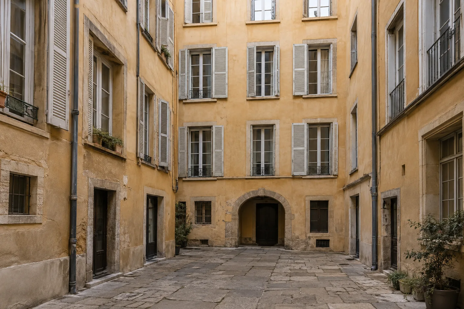 Cour intérieure d'un immeuble ancien à Lyon (illustration générée par IA)