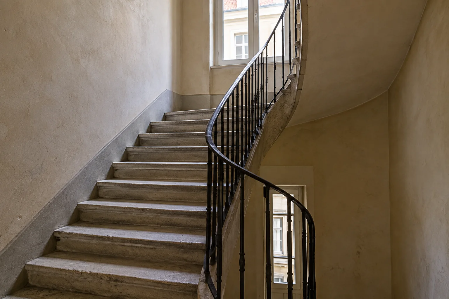 Escalier d'un immeuble ancien en copropriété (illustration générée par IA)
