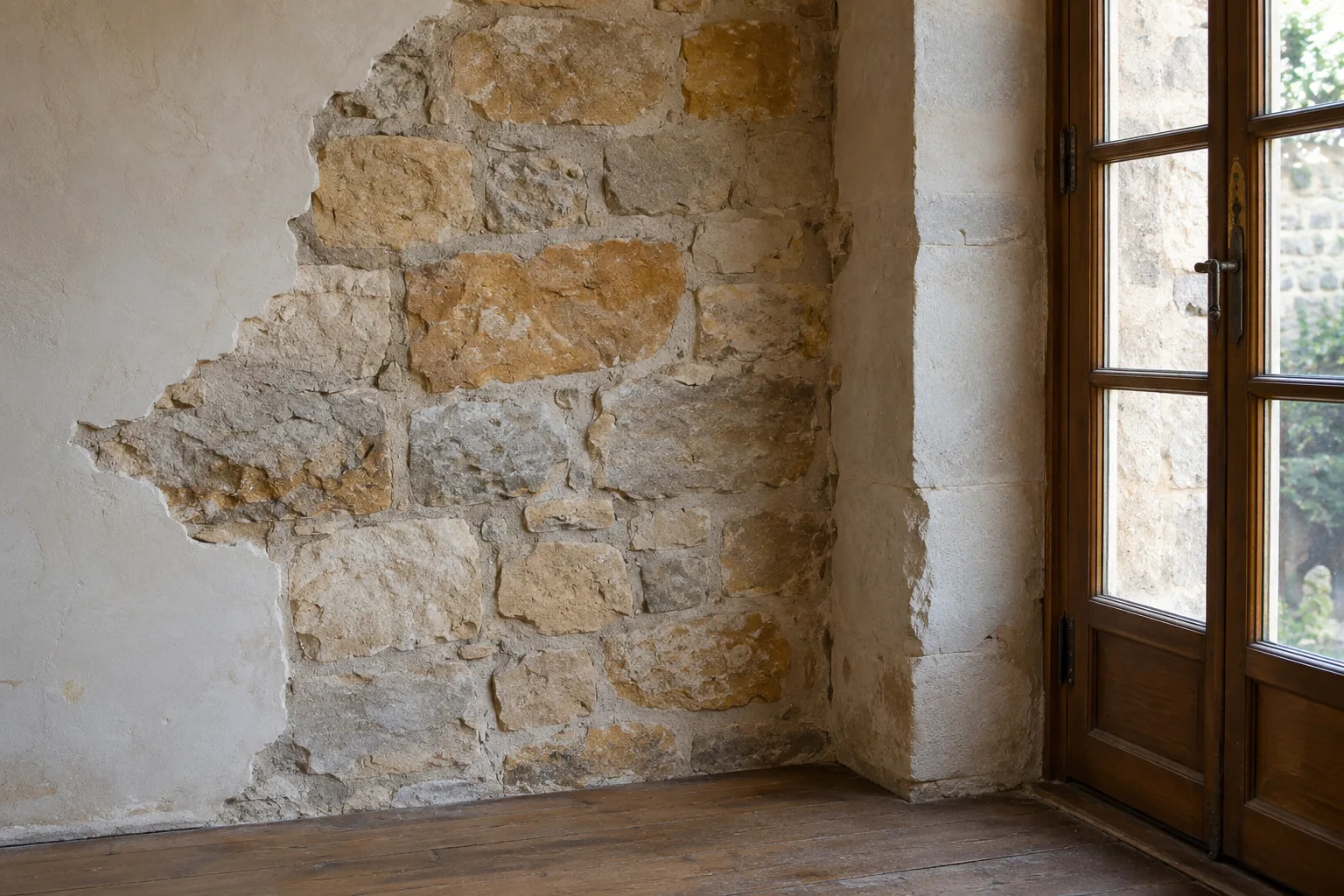 Mur en pierre apparente dans un logement ancien (illustration générée par IA)