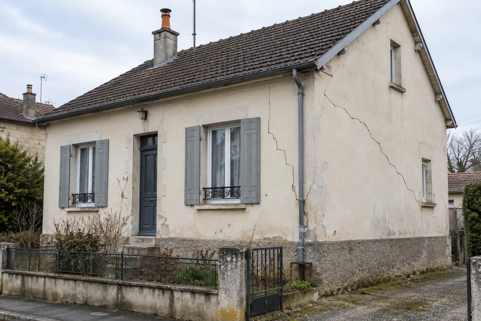 Maison individuelle ancienne avec des fissures en façade