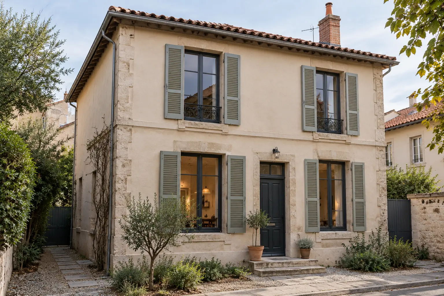 Façade d'une maison à un étage en pierre et enduit clair, avec volets gris-vert et toit de tuiles