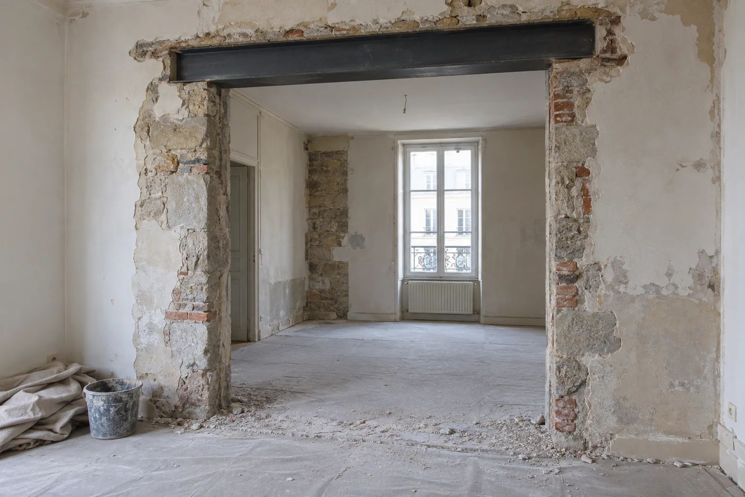 Ouverture réalisée dans un mur maçonné ancien, linteau acier visible (illustration générée par IA)
