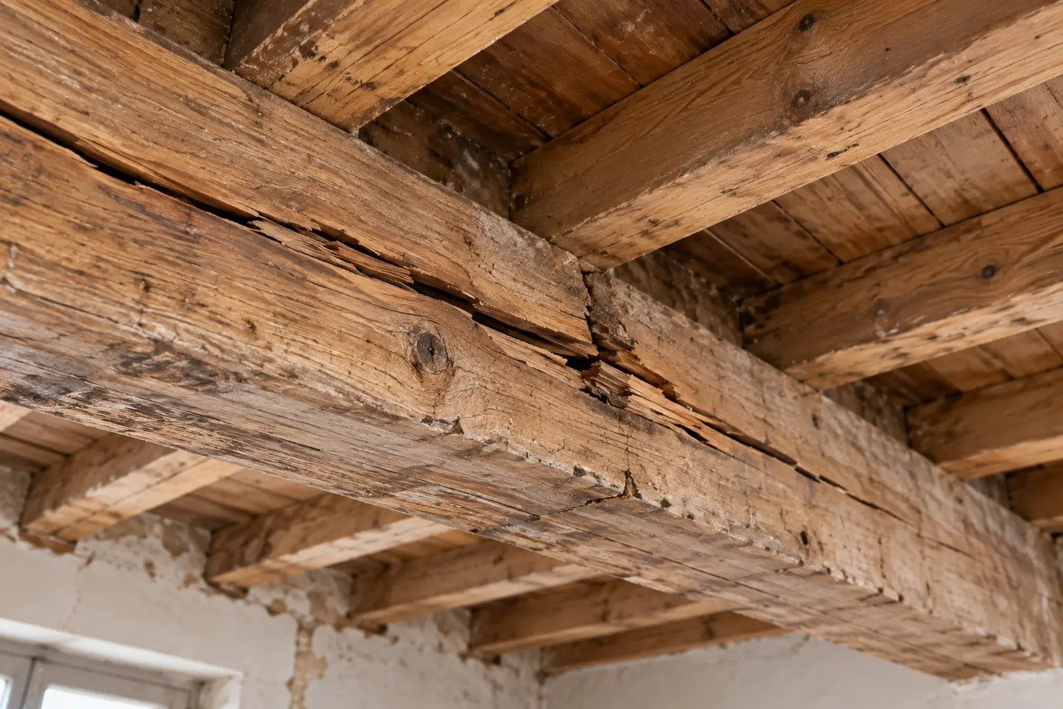 Poutre de plancher ancien en bois fendue sur toute sa longueur, vue depuis le dessous