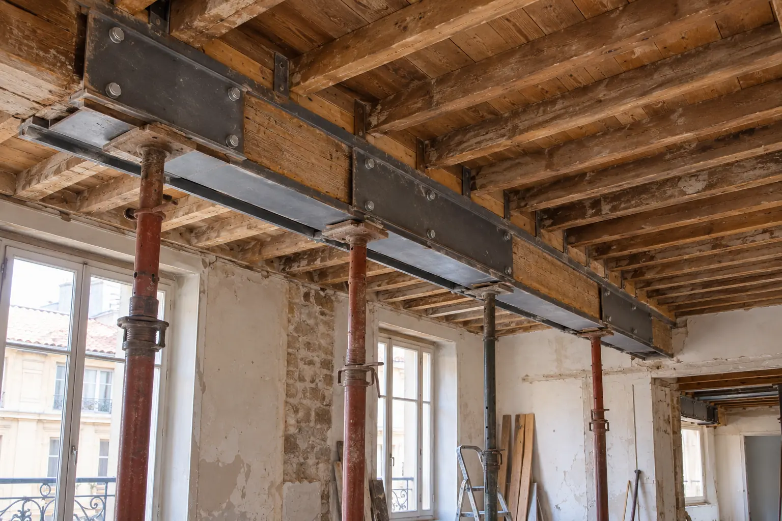 Plancher ancien à solives bois renforcé par des profilés acier, étais en place