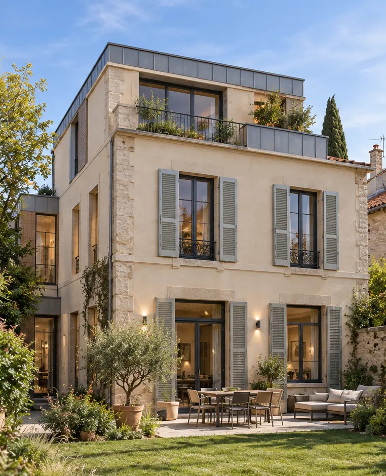 Même maison surélevée d'un niveau, R+2, avec un étage en retrait, une terrasse et un garde-corps