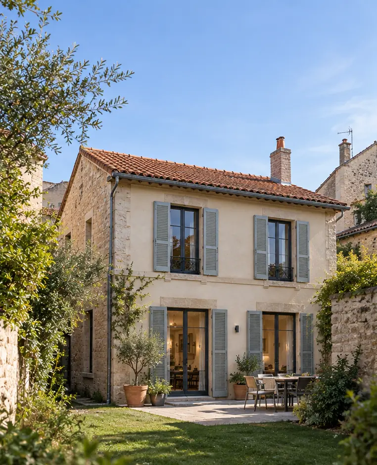 Maison ancienne en pierre et enduit à un étage, R+1, avec toit de tuiles, vue depuis le jardin